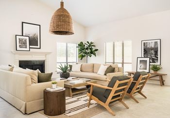 A living room with a fireplace, couches, and a rug. at Southpark Commons Apartment Homes, Charlotte, North Carolina